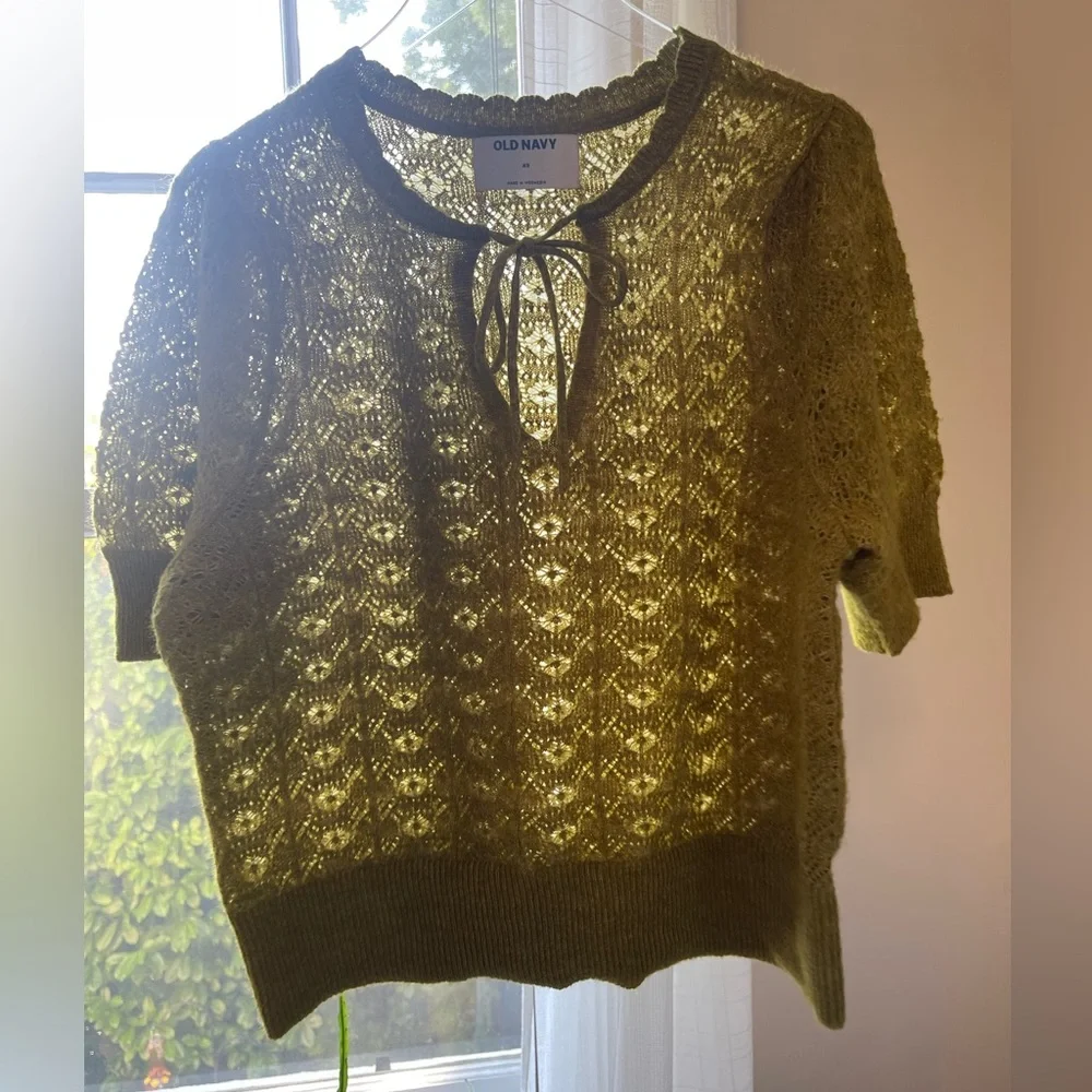 Puff-Sleeve Tie-Neck Pointelle Sweater Open Knit XS